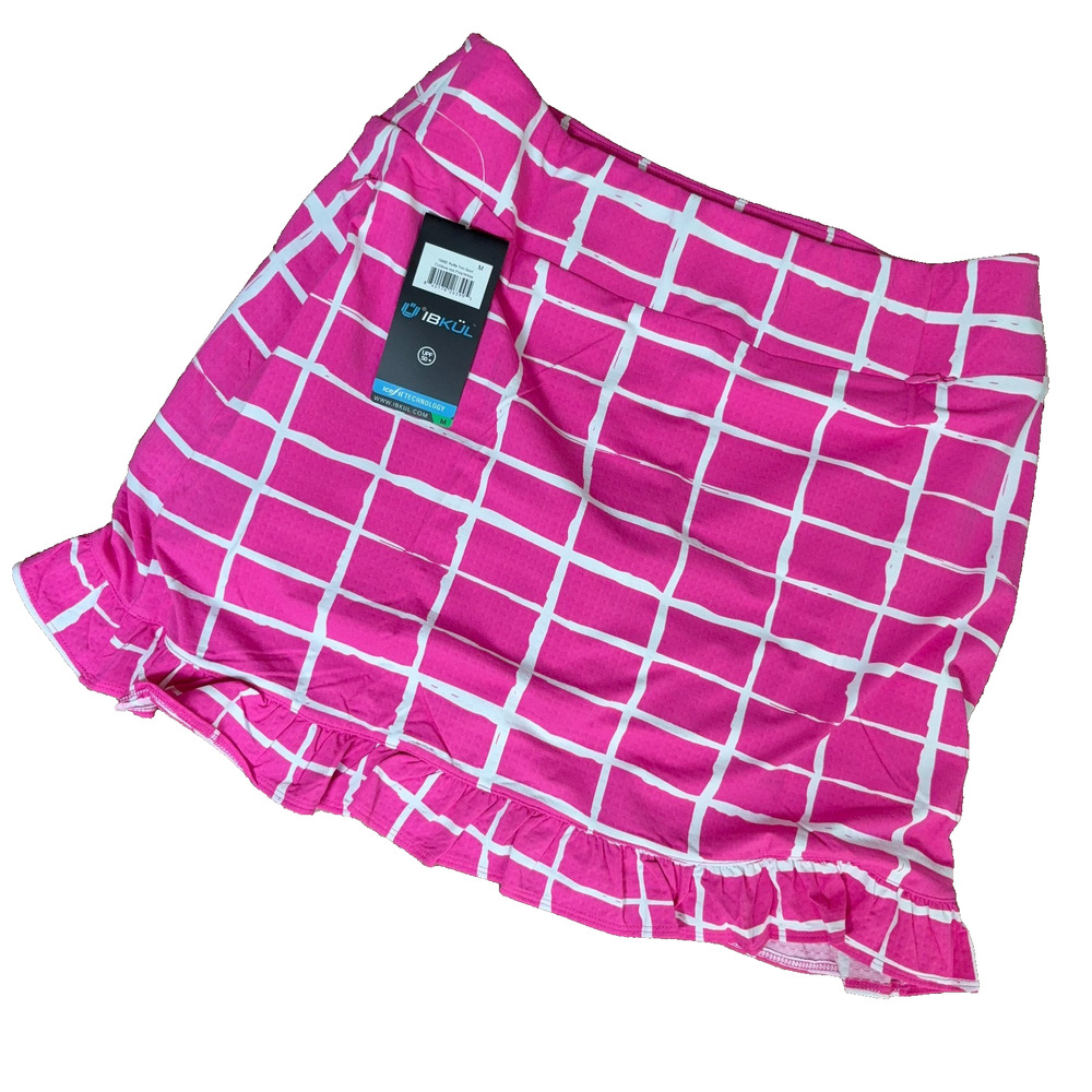 IBKUL Pink Ruffle Hem Skort Women Medium Golf Front Zip Pockets Back Pull-On